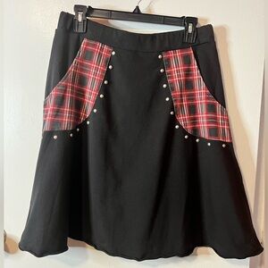 Black and Red Plaid Women's Jersey Skirt Metal Accents
